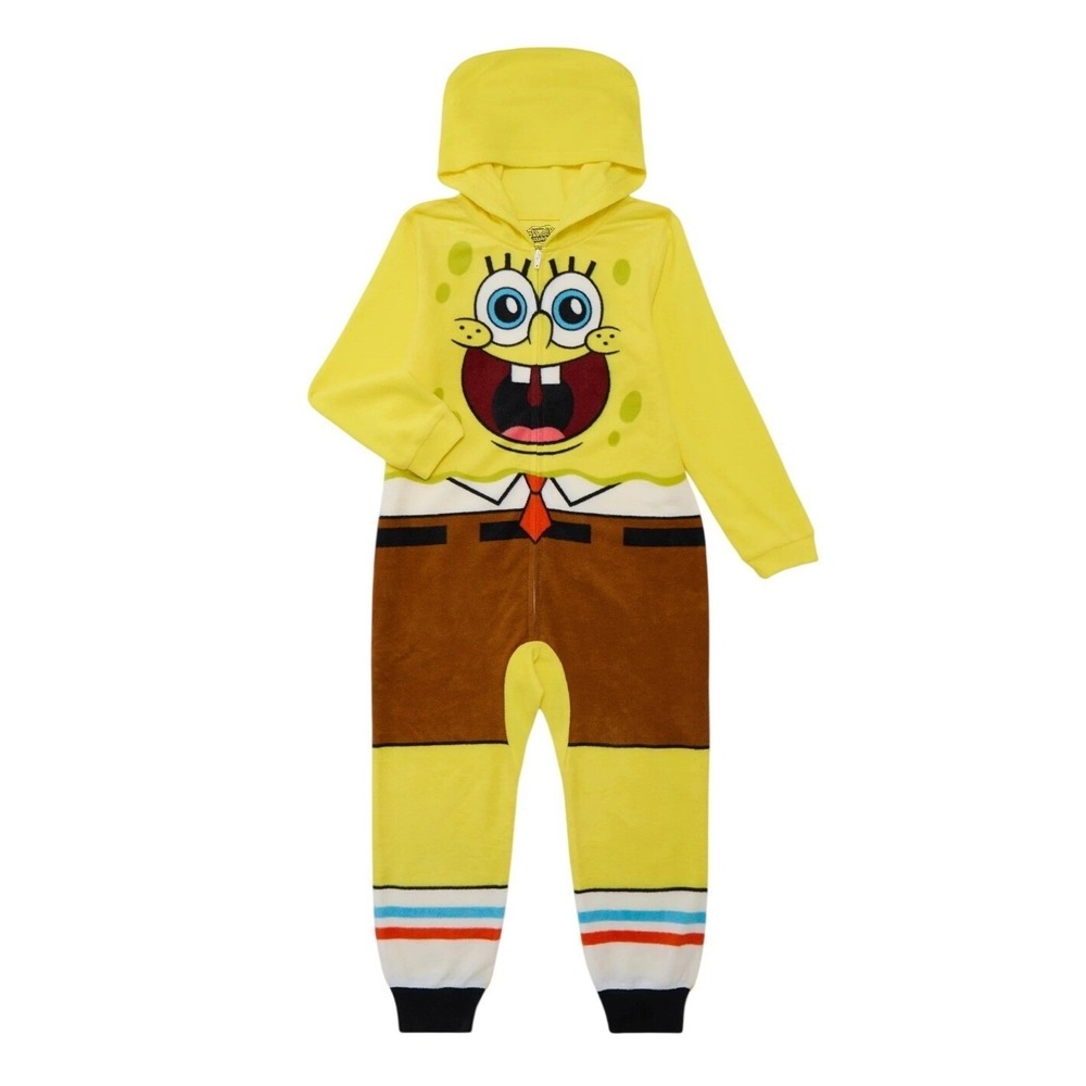 Spongebob Squarepants Fleece Hooded One Piece Pajama Sleepsuit Medium Kids 8 new